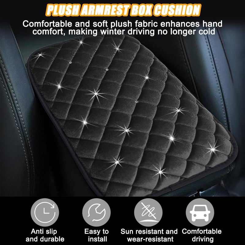 Mandark Bling Car Center Console Cover, Crystal Rhinestone Fluffy Automotive Armrest Seat Box Cushion Pad, Soft Comfortable Diamond Arm Rest Protection Mat, Universal Vehicle Accessories (Black) - Image 3